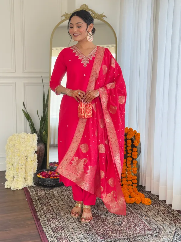 Pink_Bsy_Viscose_Embroidered_Straight_Kurta_With_Bsy_Viscose_Pant_And_Viscose_Jacquard_Printed_Dupatta_Sets_For_Women