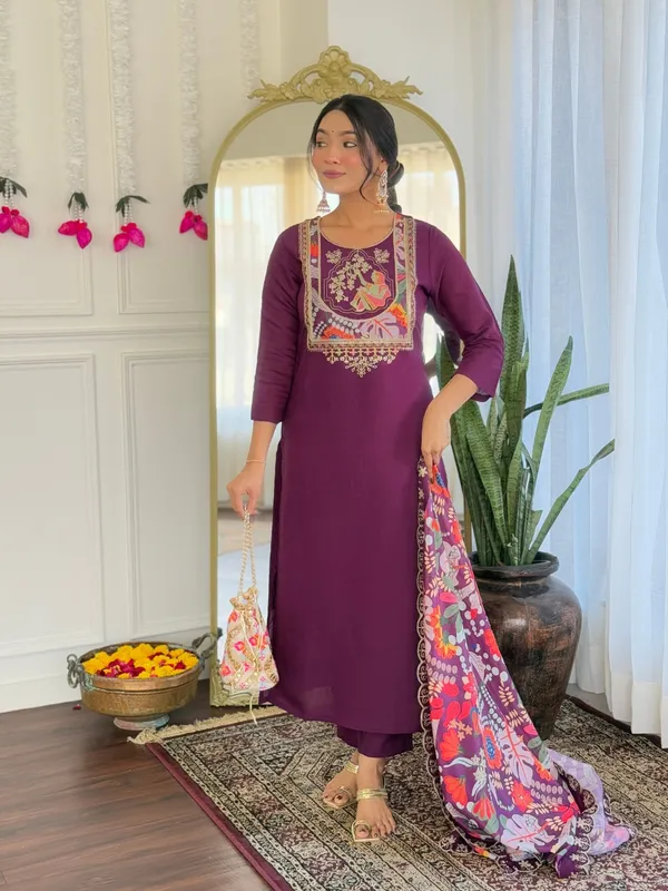 Purple_Viscose_Chanderi_Embroidered_Straight_Kurta_With_Viscose_Pant_And_Jacquard_Printed_Dupatta_Sets_For_Women