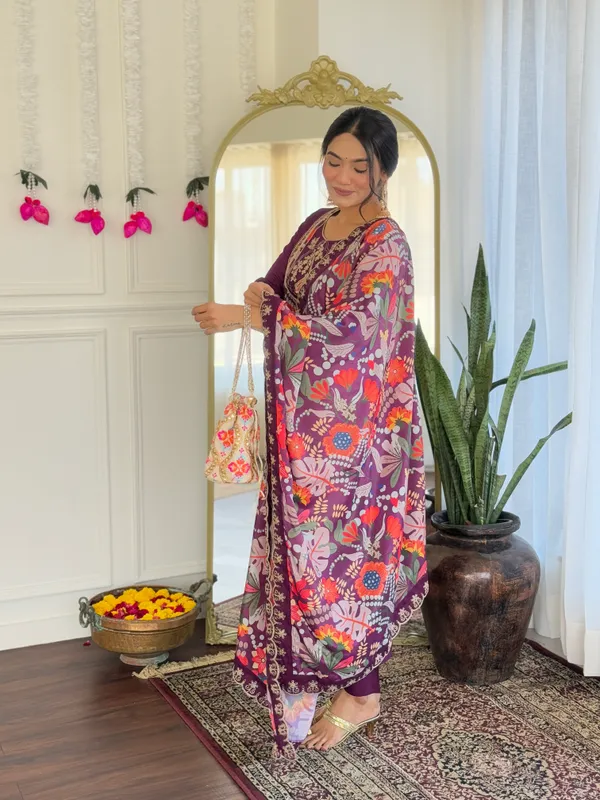 Purple_Viscose_Chanderi_Embroidered_Straight_Kurta_With_Viscose_Pant_And_Jacquard_Printed_Dupatta_Sets_For_Women