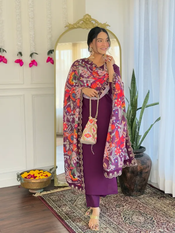 Purple_Viscose_Chanderi_Embroidered_Straight_Kurta_With_Viscose_Pant_And_Jacquard_Printed_Dupatta_Sets_For_Women