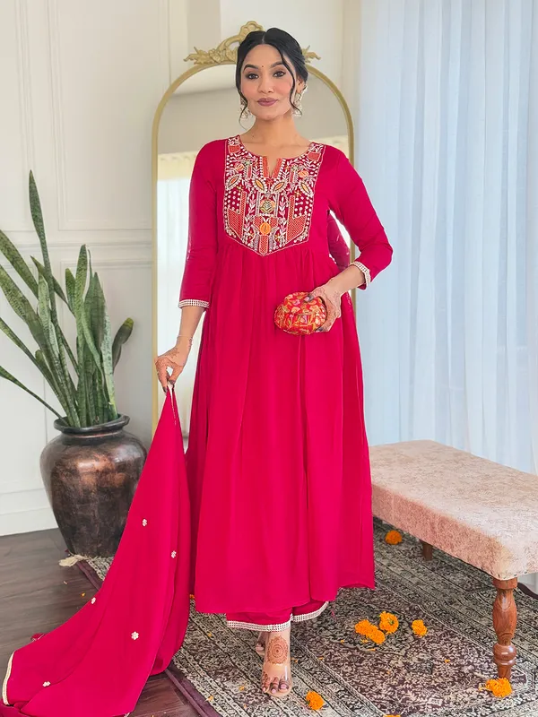Red_Vichitra_Silk_Embroidered_Flared_Kurta_With_Rayon_Pant_And_Chinon_Embroidered_Dupatta_Sets_For_Women