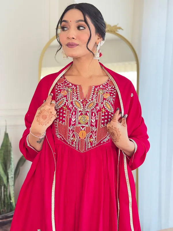 Red_Vichitra_Silk_Embroidered_Flared_Kurta_With_Rayon_Pant_And_Chinon_Embroidered_Dupatta_Sets_For_Women