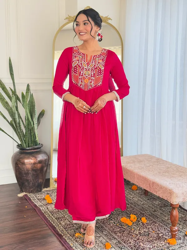 Red_Vichitra_Silk_Embroidered_Flared_Kurta_With_Rayon_Pant_And_Chinon_Embroidered_Dupatta_Sets_For_Women