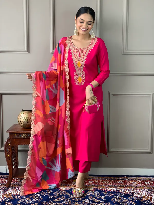 Red_Silk_Viscose_Embroidered_Straight_Kurta_With_Silk_Viscose_Pant_And_Crepe_Printed_Dupatta_Sets_For_Women