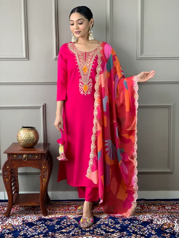 Red_Silk_Viscose_Embroidered_Straight_Kurta_With_Silk_Viscose_Pant_And_Crepe_Printed_Dupatta_Sets_For_Women