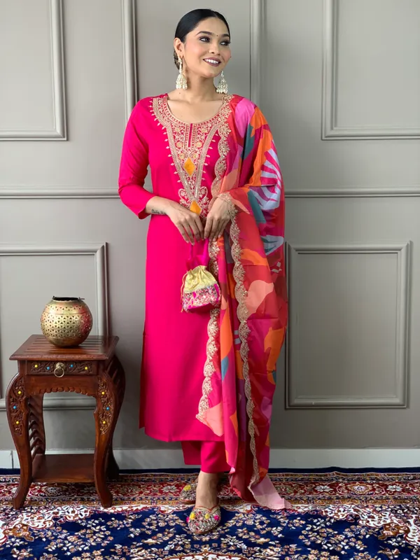 Red_Silk_Viscose_Embroidered_Straight_Kurta_With_Silk_Viscose_Pant_And_Crepe_Printed_Dupatta_Sets_For_Women