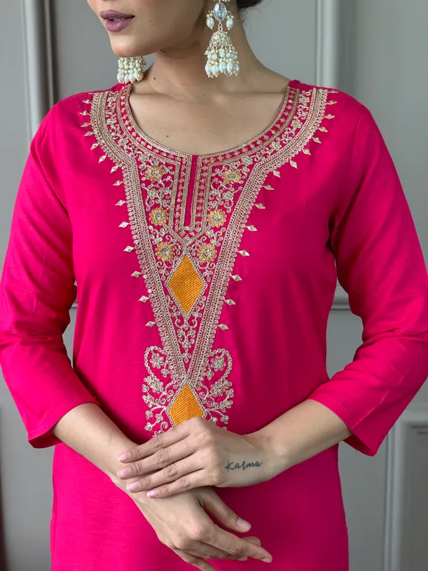 Red_Silk_Viscose_Embroidered_Straight_Kurta_With_Silk_Viscose_Pant_And_Crepe_Printed_Dupatta_Sets_For_Women