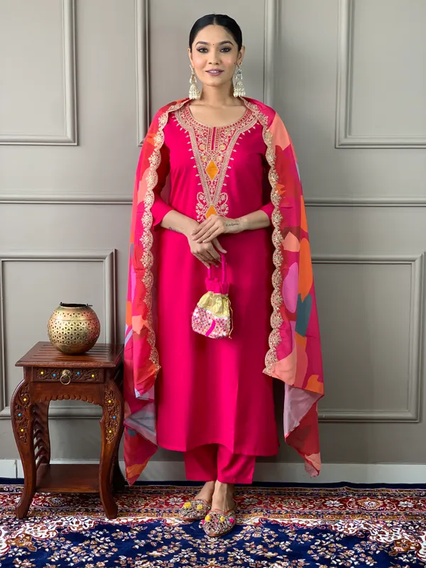 Red_Silk_Viscose_Embroidered_Straight_Kurta_With_Silk_Viscose_Pant_And_Crepe_Printed_Dupatta_Sets_For_Women
