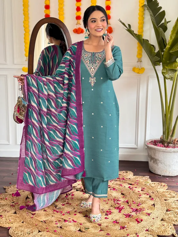 Sea_Green_Viscose_Chanderi_Embroidered_Straight_Kurta_With_Viscose_Pant_And_Linen_Dupatta_Sets_For_Women