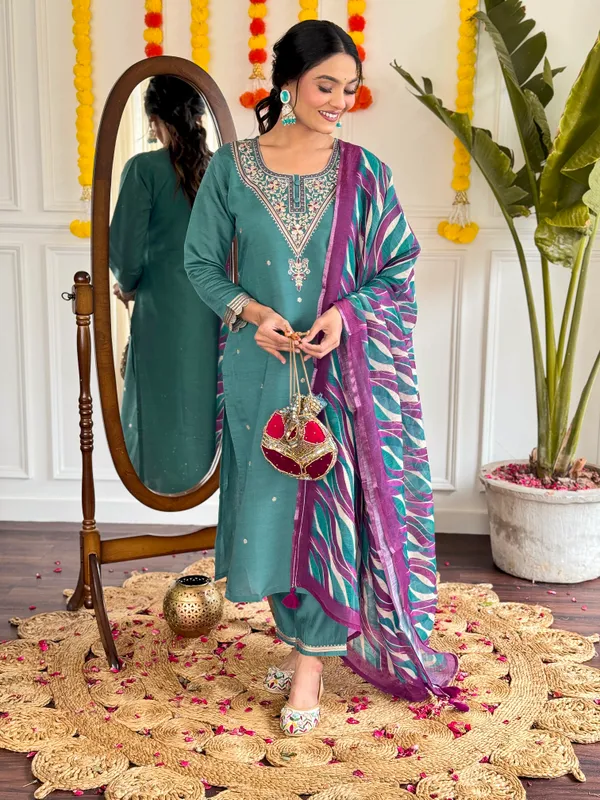Sea_Green_Viscose_Chanderi_Embroidered_Straight_Kurta_With_Viscose_Pant_And_Linen_Dupatta_Sets_For_Women