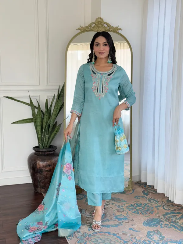 Sky_Viscose_Embroidered_Straight_Kurta_With_Viscose_Pant_And_Organza_Jacquard_With_Digital_Print_Dupatta_Sets_For_Women