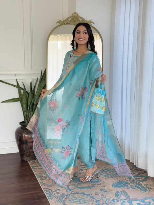Sky_Viscose_Embroidered_Straight_Kurta_With_Viscose_Pant_And_Organza_Jacquard_With_Digital_Print_Dupatta_Sets_For_Women