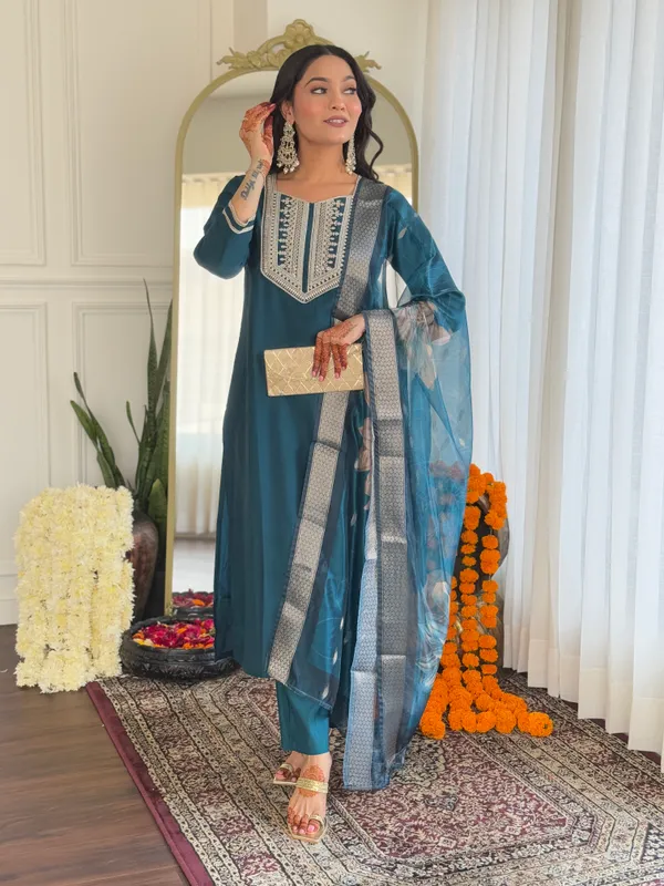 Teal_Bsy_Viscose_Embroidered_Straight_Kurta_With_Bsy_Viscose_Pant_And_Organza_Jacquard_Dupatta_Sets_For_Women