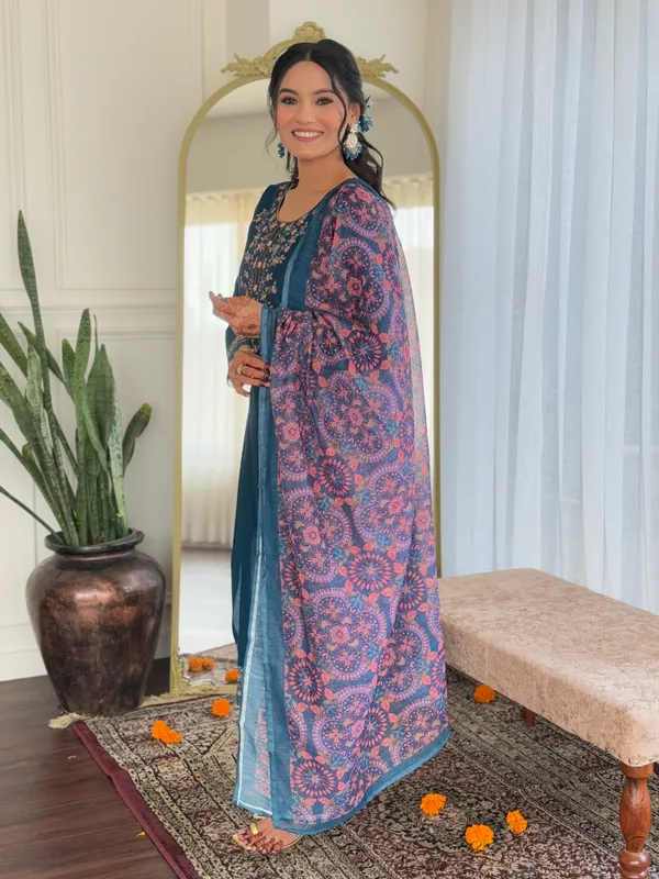 Teal_Chanderi_Silk_Embroidered_Straight_Kurta_With_Chanderi_Silk_Pant_And_Linen_Dupatta_Sets_For_Women