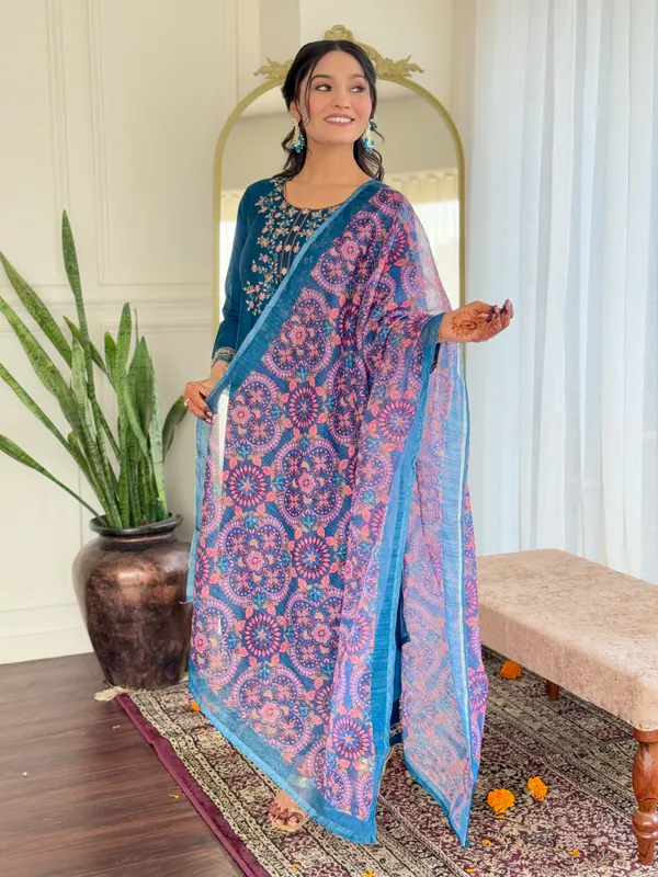 Teal_Chanderi_Silk_Embroidered_Straight_Kurta_With_Chanderi_Silk_Pant_And_Linen_Dupatta_Sets_For_Women