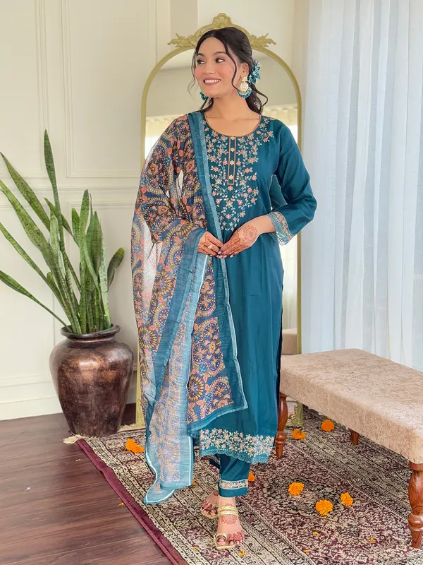 Teal_Chanderi_Silk_Embroidered_Straight_Kurta_With_Chanderi_Silk_Pant_And_Linen_Dupatta_Sets_For_Women
