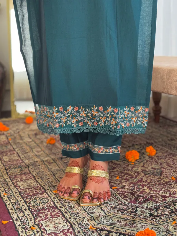 Teal_Chanderi_Silk_Embroidered_Straight_Kurta_With_Chanderi_Silk_Pant_And_Linen_Dupatta_Sets_For_Women