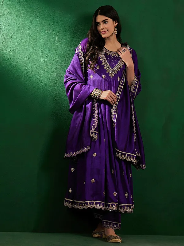 Purple_Vichitra_Silk_Embroidered_Gown_With_Vichitra_Silk_Pant_And_Dupatta_Sets_For_Women