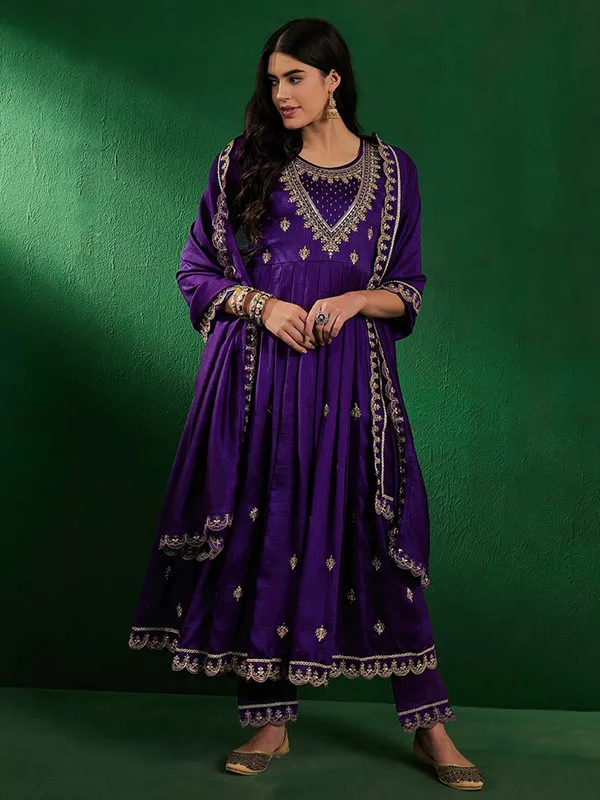 Purple_Vichitra_Silk_Embroidered_Gown_With_Vichitra_Silk_Pant_And_Dupatta_Sets_For_Women