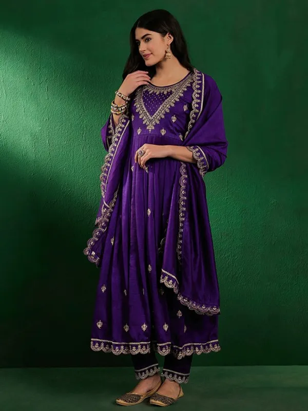 Purple_Vichitra_Silk_Embroidered_Gown_With_Vichitra_Silk_Pant_And_Dupatta_Sets_For_Women
