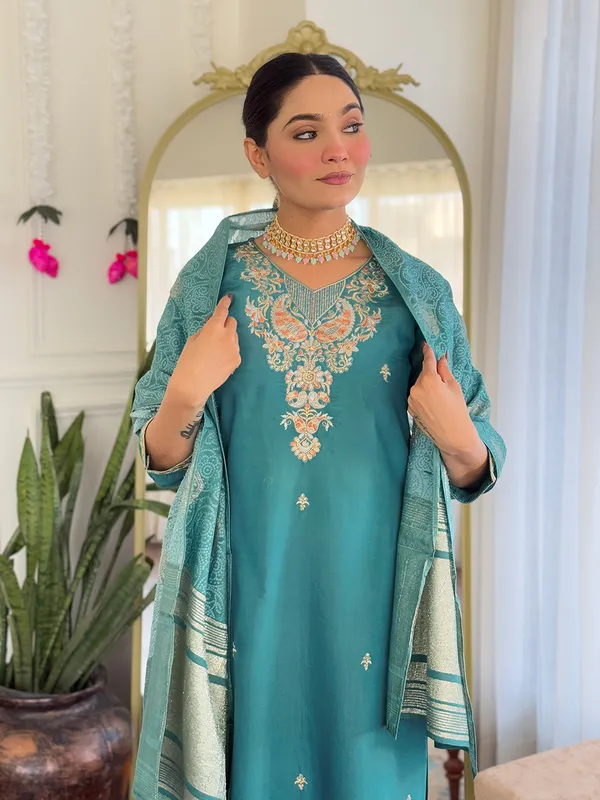 Teal_Viscose_Chanderi_Embroidered_Straight_Kurta_With_Viscose_Pant_And_Jacquard_Printed_Dupatta_Sets_For_Women