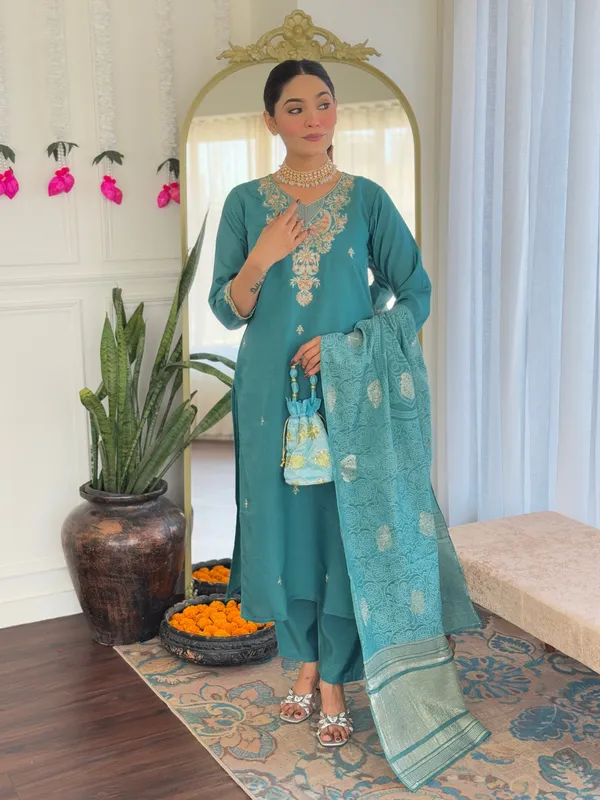 Teal_Viscose_Chanderi_Embroidered_Straight_Kurta_With_Viscose_Pant_And_Jacquard_Printed_Dupatta_Sets_For_Women