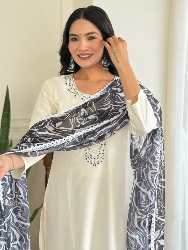 White_Rayon_Blend_Embroidered_Straight_Kurta_With_Rayon_Pant_And_Taby_Printed_Dupatta_Sets_For_Women