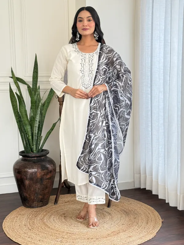 White_Rayon_Blend_Embroidered_Straight_Kurta_With_Rayon_Pant_And_Taby_Printed_Dupatta_Sets_For_Women