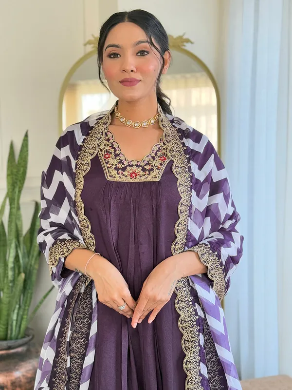Wine_Bsy_Viscose_Embroidered_Flet_Kurta_With_Bsy_Viscose_Pant_And_Taby_Printed_Laced_Dupatta_Sets_For_Women