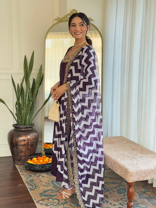Wine_Bsy_Viscose_Embroidered_Flet_Kurta_With_Bsy_Viscose_Pant_And_Taby_Printed_Laced_Dupatta_Sets_For_Women