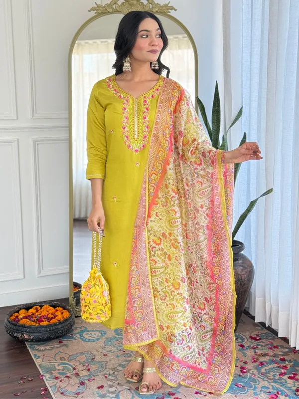 Yellow_Rayon_Embroidered_Straight_Kurta_With_Rayon_Pant_And_Taby_Printed_Dupatta_Sets_For_Women