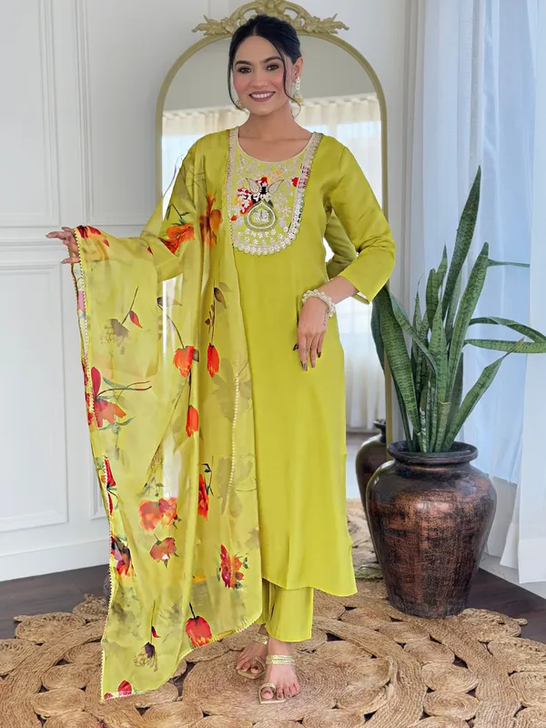 Yellow_Rayon_Embroidered_Straight_Kurta_With_Rayon_Pant_And_Taby_Printed_Dupatta_Sets_For_Women