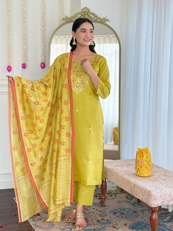 Yellow_Viscose_Chanderi_Embroidered_Straight_Kurta_With_Viscose_Pant_And_Jacquard_Printed_Dupatta_Sets_For_Women