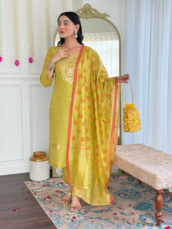 Yellow_Viscose_Chanderi_Embroidered_Straight_Kurta_With_Viscose_Pant_And_Jacquard_Printed_Dupatta_Sets_For_Women