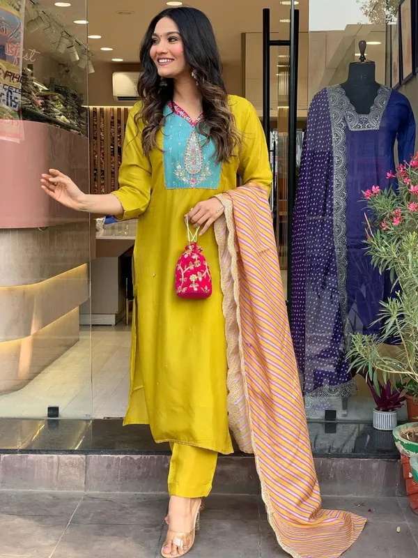 Yellow_Viscose_Embroidered_Straight_Kurta_With_Viscose_Pant_And_Silk_Blend_Printed_Dupatta_Sets_For_Women