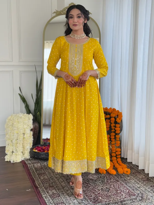 Yellow_Art_Silk_With_Lining_Embroidered_Flared_Kurta_With_Rayon_Pant_And_Art_Silk_Printed_Dupatta_Sets_For_Women