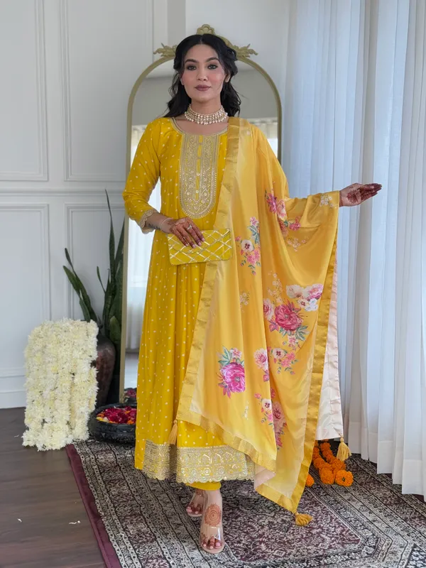 Yellow_Art_Silk_With_Lining_Embroidered_Flared_Kurta_With_Rayon_Pant_And_Art_Silk_Printed_Dupatta_Sets_For_Women