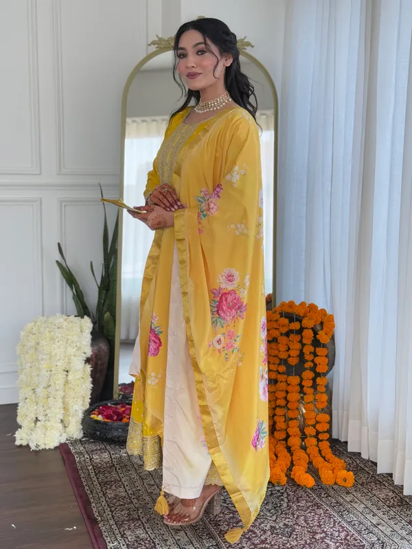 Yellow_Art_Silk_With_Lining_Embroidered_Flared_Kurta_With_Rayon_Pant_And_Art_Silk_Printed_Dupatta_Sets_For_Women