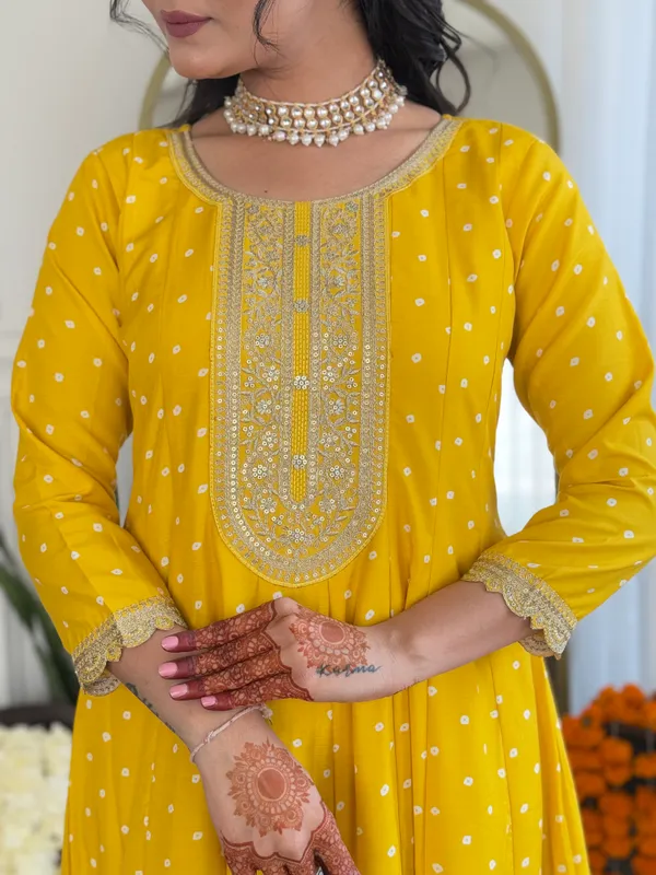 Yellow_Art_Silk_With_Lining_Embroidered_Flared_Kurta_With_Rayon_Pant_And_Art_Silk_Printed_Dupatta_Sets_For_Women