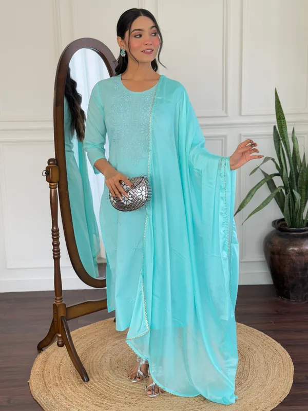 Aqua_Blue_Cotton_Chikan_Work_Kurta_With_Pant_And_Dupatta_Sets_For_Women