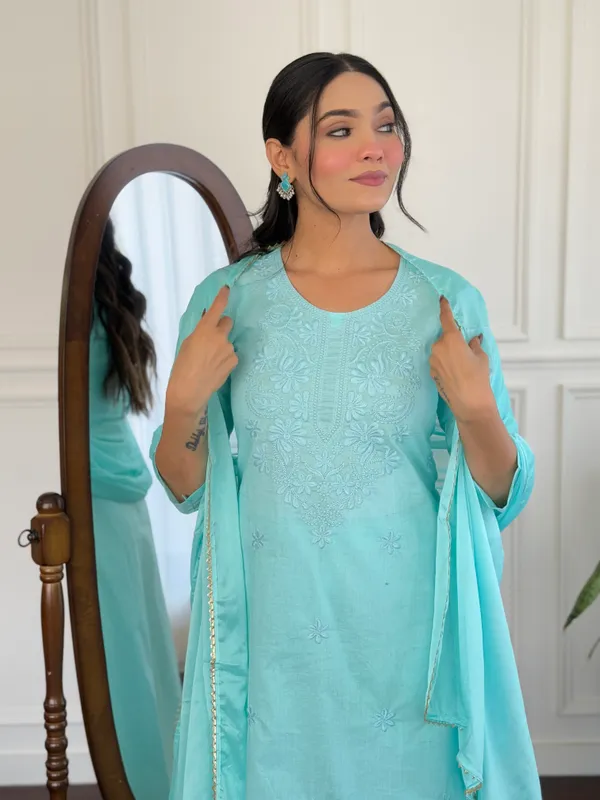 Aqua_Blue_Cotton_Chikan_Work_Kurta_With_Pant_And_Dupatta_Sets_For_Women