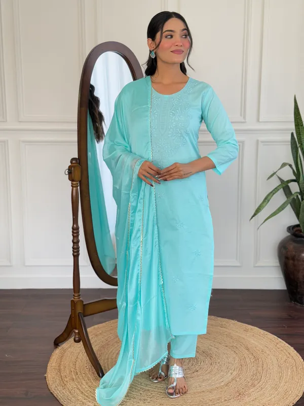 Aqua_Blue_Cotton_Chikan_Work_Kurta_With_Pant_And_Dupatta_Sets_For_Women