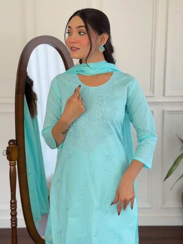 Aqua_Blue_Cotton_Chikan_Work_Kurta_With_Pant_And_Dupatta_Sets_For_Women