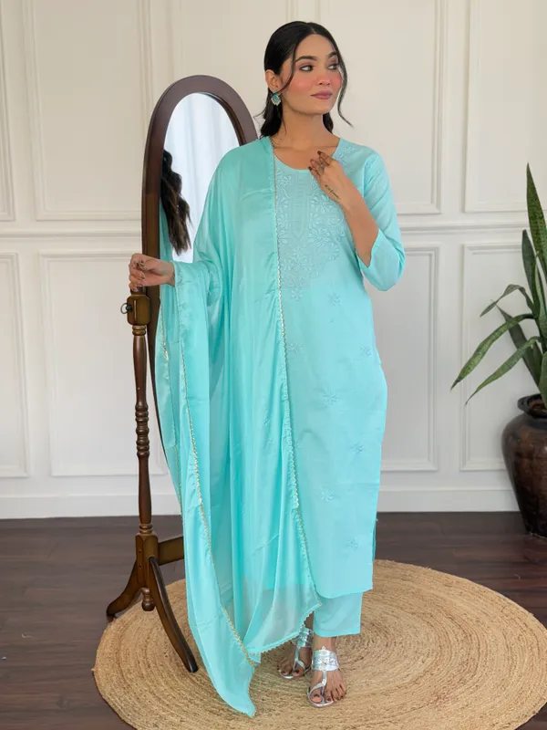 Aqua_Blue_Cotton_Chikan_Work_Kurta_With_Pant_And_Dupatta_Sets_For_Women