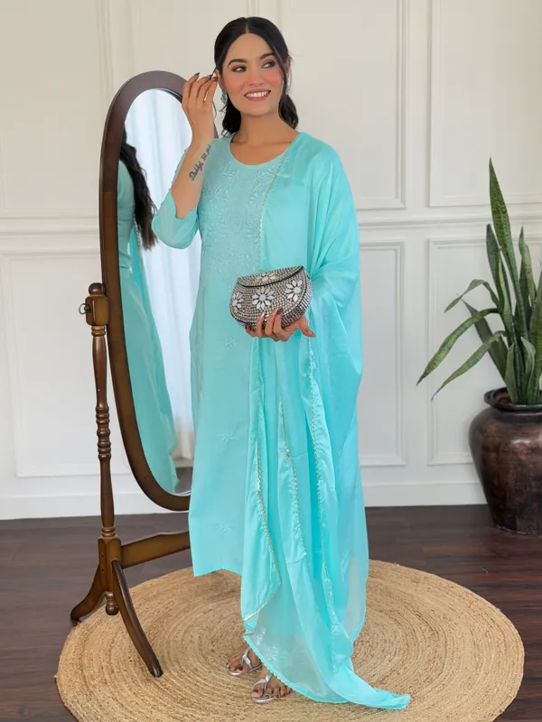 Aqua_Blue_Cotton_Chikan_Work_Kurta_With_Pant_And_Dupatta_Sets_For_Women