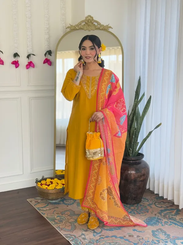 Yellow_Chanderi_Silk_Embroidered_Straight_Kurta_With_Chanderi_Silk_Pant_And_Linen_Dupatta_Sets_For_Women