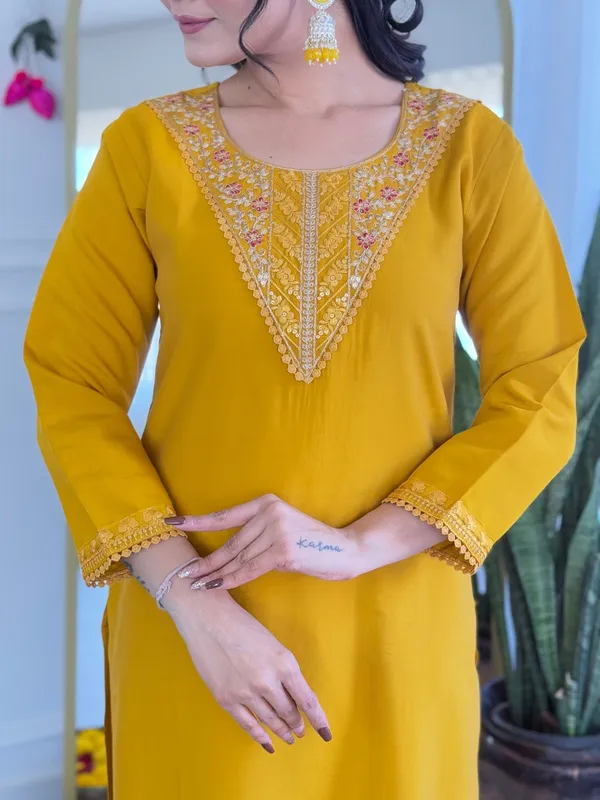 Yellow_Chanderi_Silk_Embroidered_Straight_Kurta_With_Chanderi_Silk_Pant_And_Linen_Dupatta_Sets_For_Women