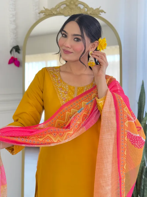 Yellow_Chanderi_Silk_Embroidered_Straight_Kurta_With_Chanderi_Silk_Pant_And_Linen_Dupatta_Sets_For_Women