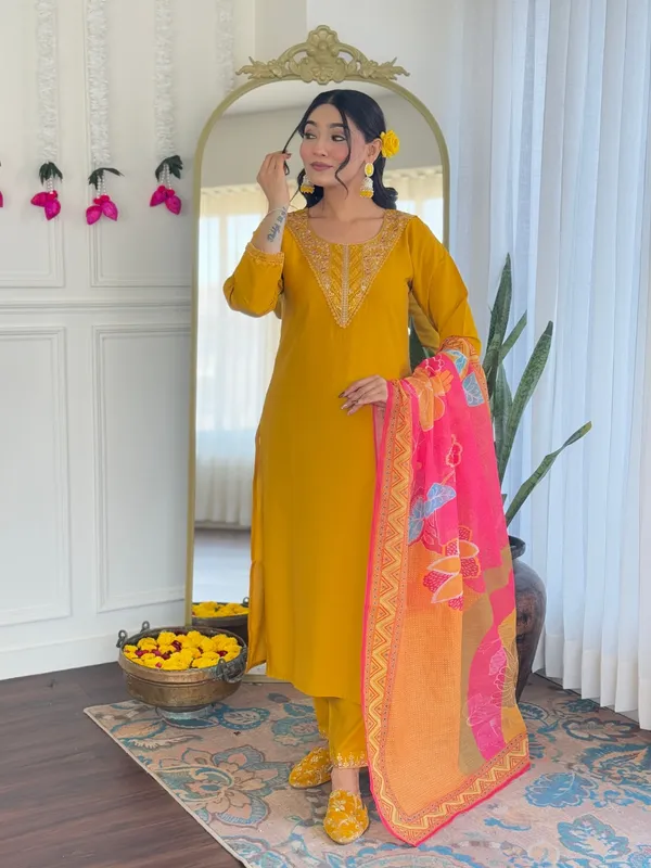 Yellow_Chanderi_Silk_Embroidered_Straight_Kurta_With_Chanderi_Silk_Pant_And_Linen_Dupatta_Sets_For_Women