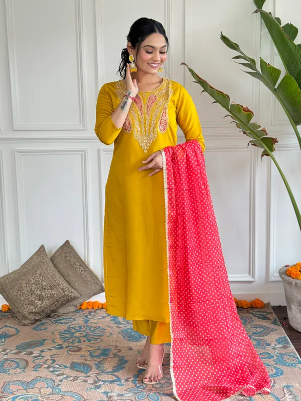 Yellow_Viscose_Embroidered_Straight_Kurta_With_Viscose_Pant_And_Georgette_Printed_Dupatta_Sets_For_Women